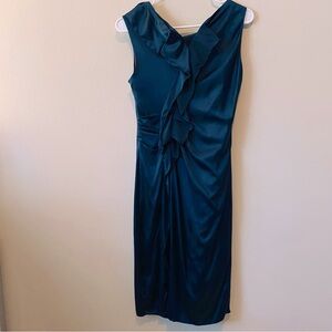 Satin Green Ruffle Front/Back fitting sleeveless knee length Midi Small dress